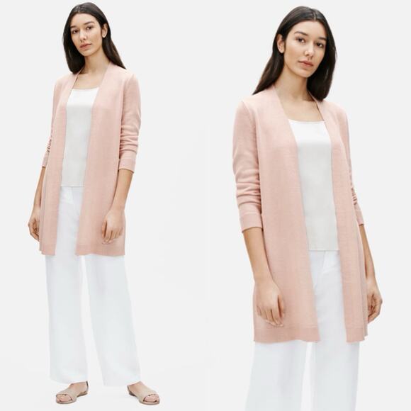Eileen Fisher Long Organic Linen & Cotton Cardigan Pink Sz M Lagenlook Coastal - Picture 1 of 11